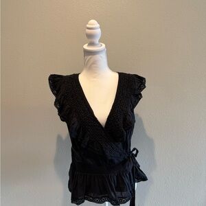 by Anthropologie, Black Lace Trim, Wrap Top. PTP  21 1/2”, Length 23”